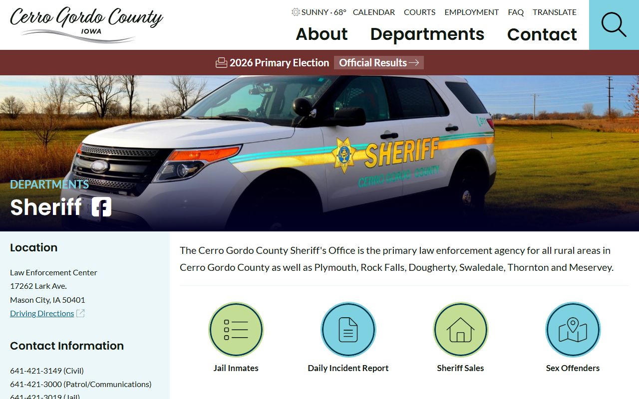 Cerro Gordo County sheriff page for inmate population and jail contact records