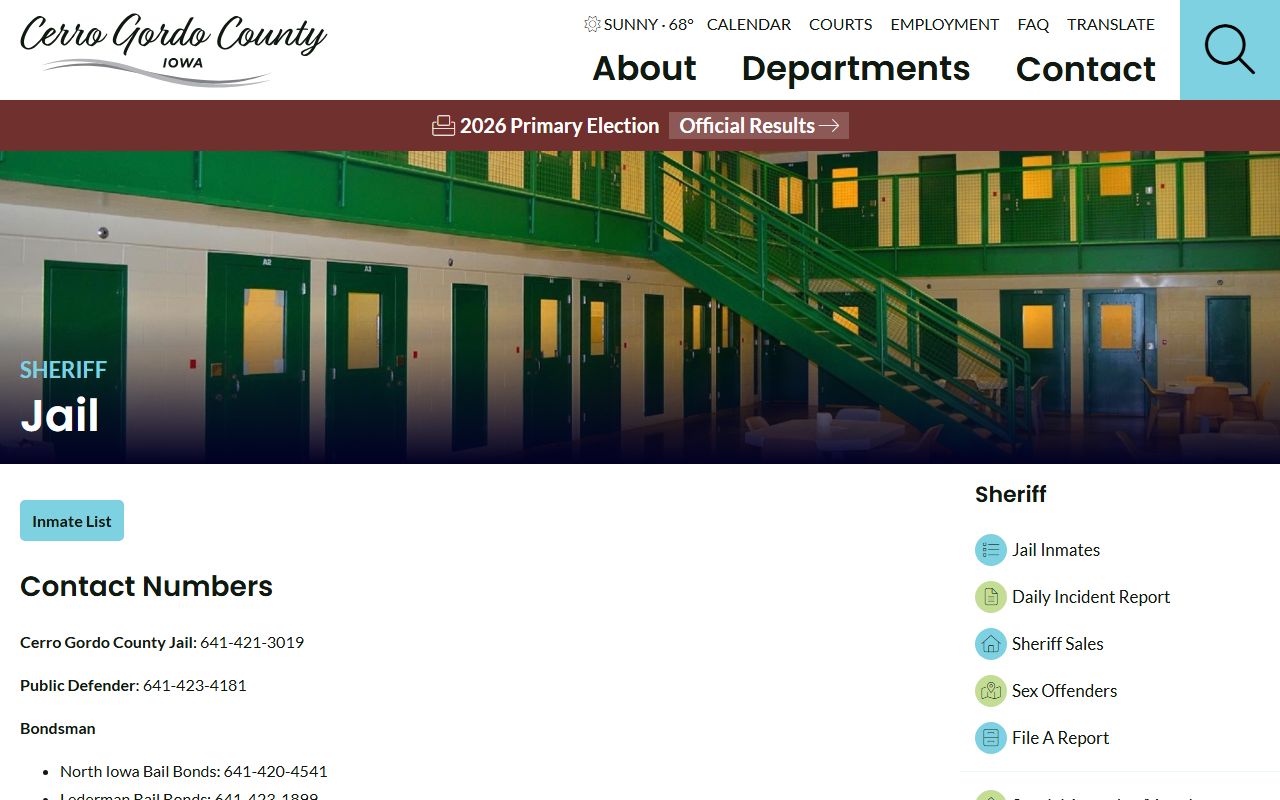 Cerro Gordo County jail information page for roster, visits, bonds, mail, and inmate records