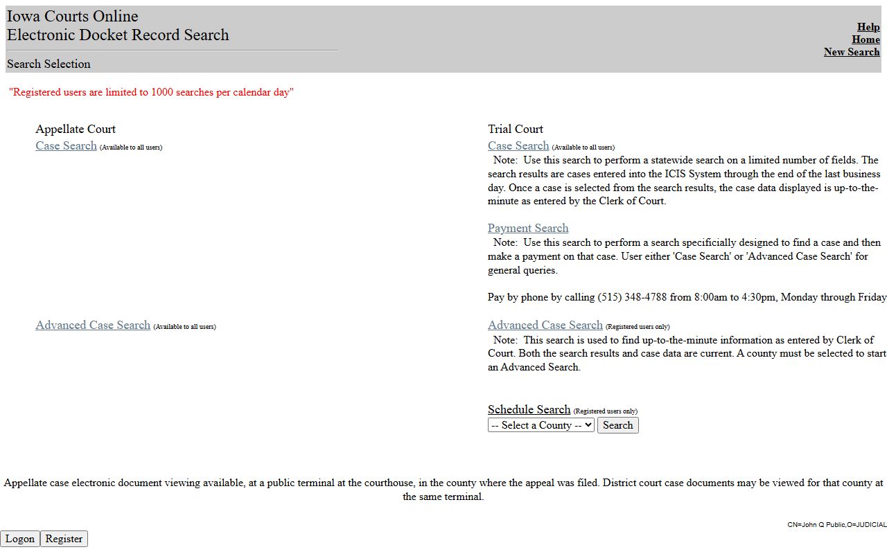 Cerro Gordo County court records after arrest Iowa Courts Online search selection